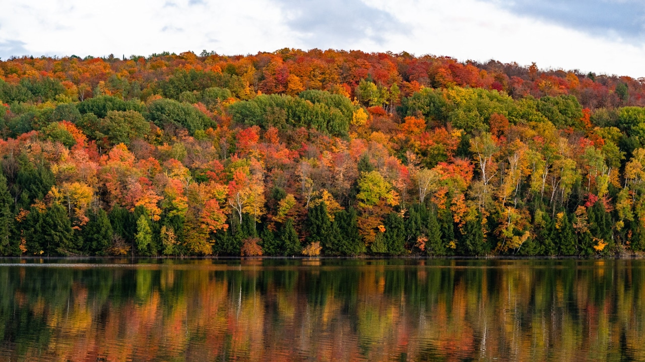 A lake surrounded by colorful trees near Jay Peak in the fall.