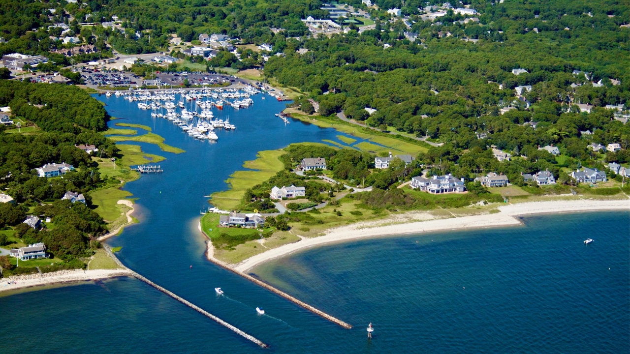 An aerial view of a marina with boats in the water during the Baystate Marathon.
