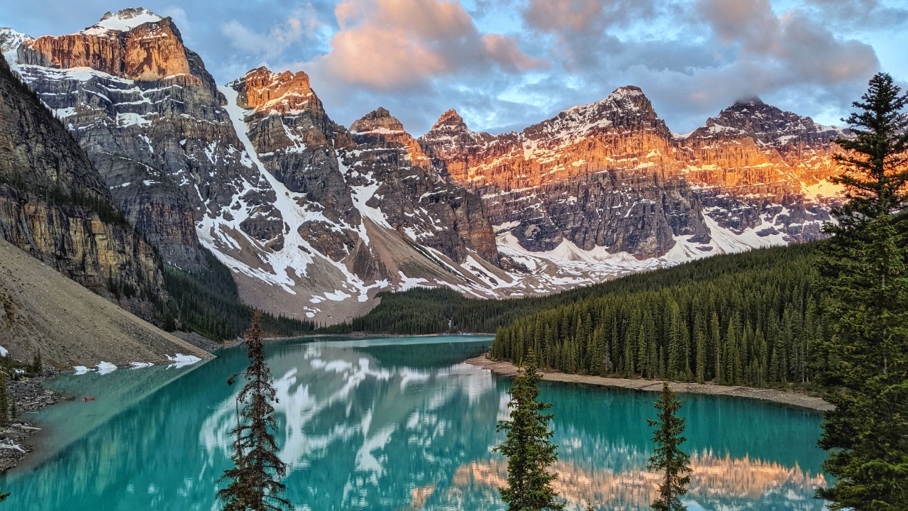 The mountains are reflected in Banff National Park.