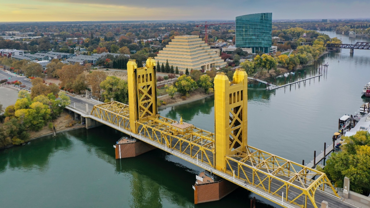 An aerial view of a bridge over a river in Sacramento, California.