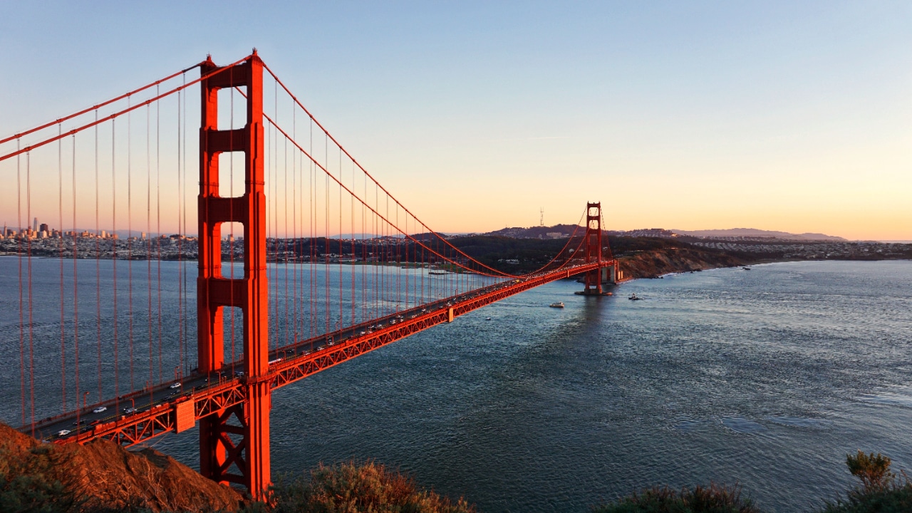 The Bay To Breakers race passes through the iconic Golden Gate Bridge in San Francisco, California.