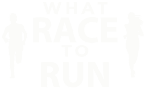 What Race To Run Logo in White letters with one man and one woman running next to the words