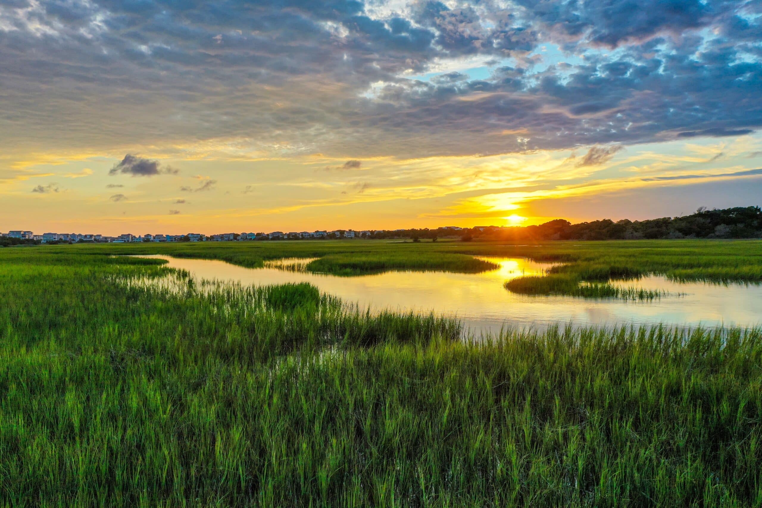 The sun is setting over a marsh with grass and water.