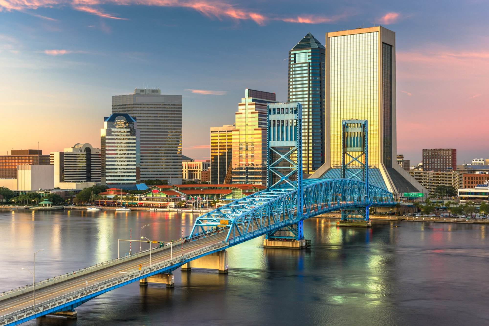 The skyline of tampa, florida at sunset.