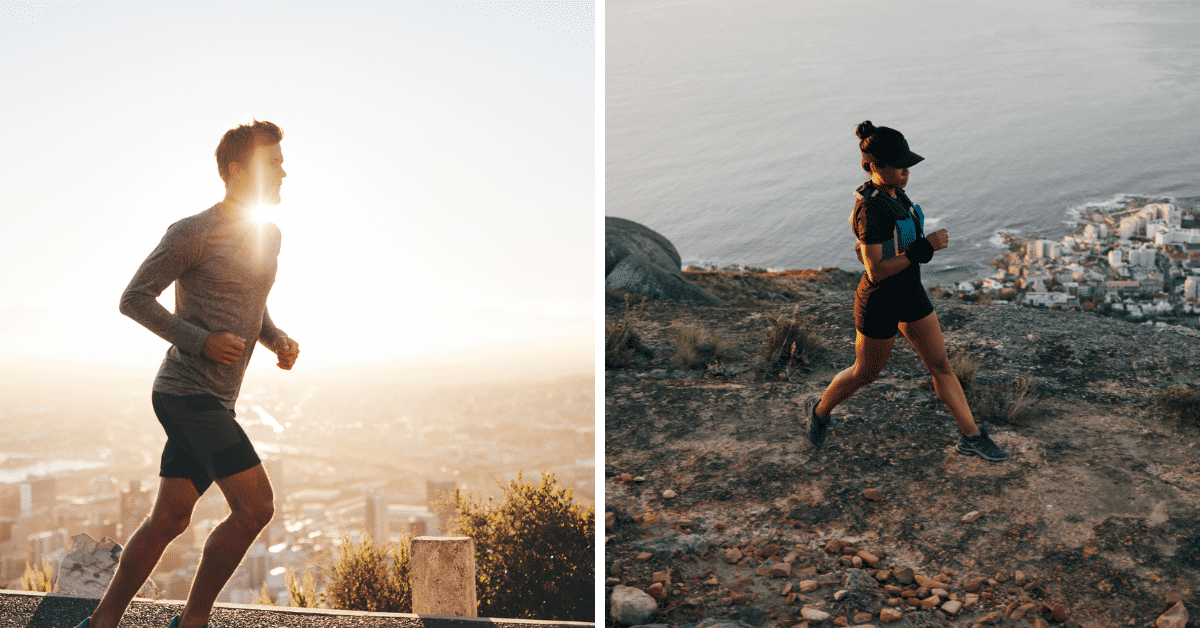 Two pictures of a man and woman enjoying morning runs in the mountains.