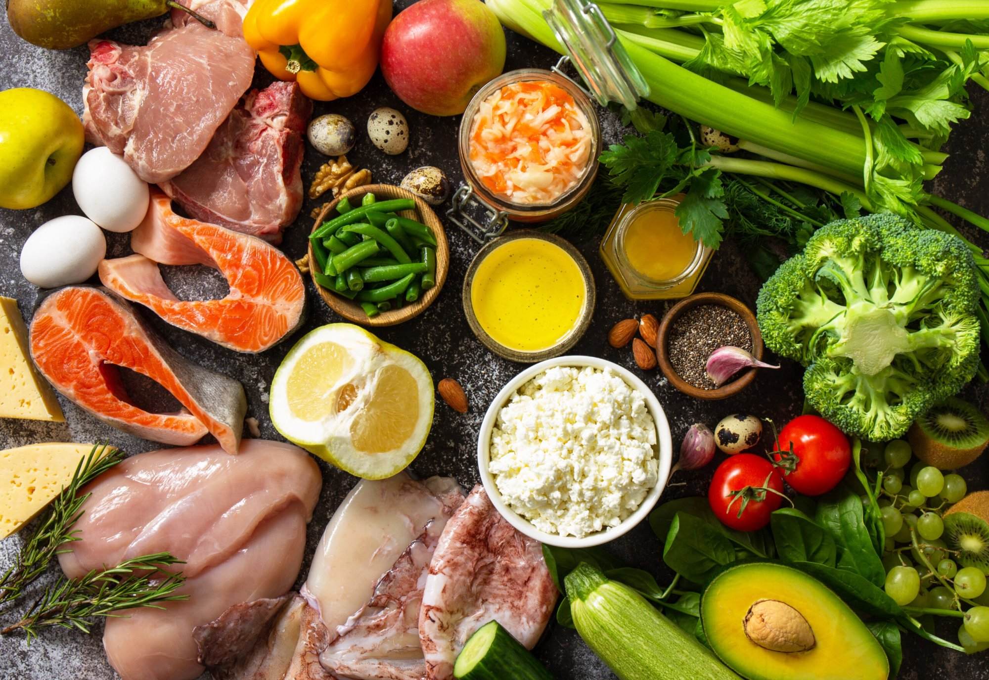 A variety of fuel-rich foods including meat, vegetables, and fruit to sustain long runs.